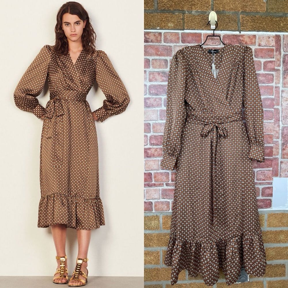 Rosedress Vintage Floral Printed Long Sleeve Ruffle Wrap Midi Dress - Coffee L — image 4 of 8